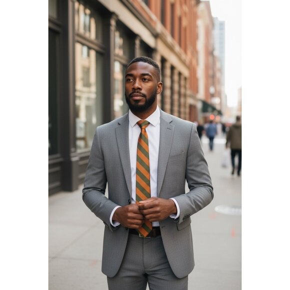 Vintage 1960s Terylene Striped Necktie Green & Orange Diagonal 53” x 3” – Englan - Picture 5 of 5